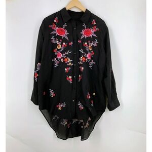 Womens Black Floral Embroidered Long Sleeve High Low Button Down Blouse Shirt